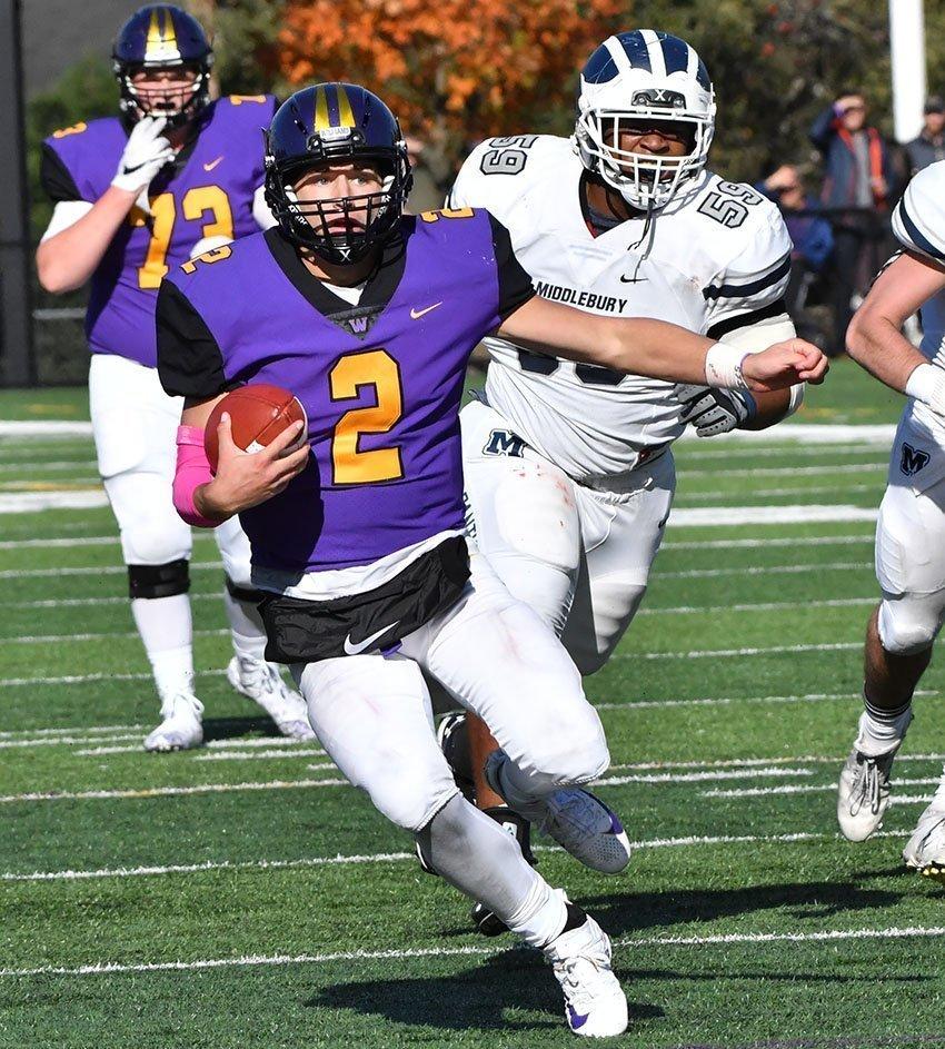 Bobby Maimaron ’21 rushed for 135 yards but only recorded 107 passing yards against the Tufts defense. Photo Courtesy of Sports Information.