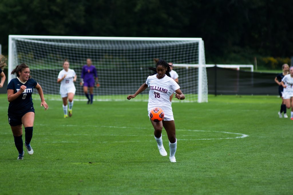 On Sunday, Sydney Jones ’21 scored the first goal in the women’s game against Castleton, helping her team win the game 2-0. Photo Courtesy of Sports Information.