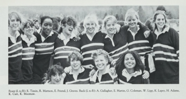 Last Saturday, women’s rugby honored Liz Corngirl Martin ’90 (second from left), standing to the left of head coach Gina Coleman ’91. Photo courtesy of Sports Information.