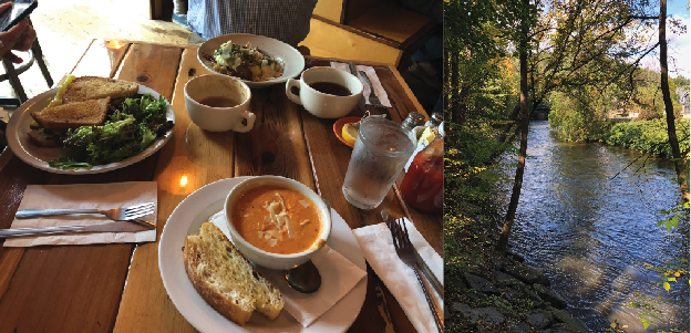 Great Barrington offers a full day of attractions, from brunch (left) to walks by the Housatonic River (right).
Rachel Scharf/Managing Editor