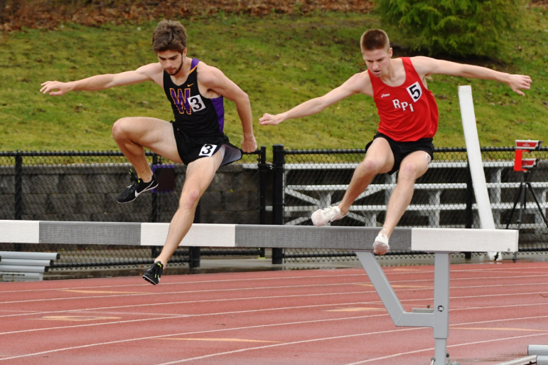 Jake Lange ’21 finished seventh in the 3000m steeplechase, while teammates Jacob Kahrs ’19 and Ryan Watson ’22 placed second and tenth. Photo courtesy of Sports Information.