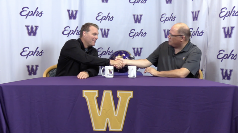 Kris Dufour (right), who has hosted the Williams College Football Show for 15 years, welcomes head coach Mark Raymond to discuss game highlights.
Photo courtesy of WilliNet