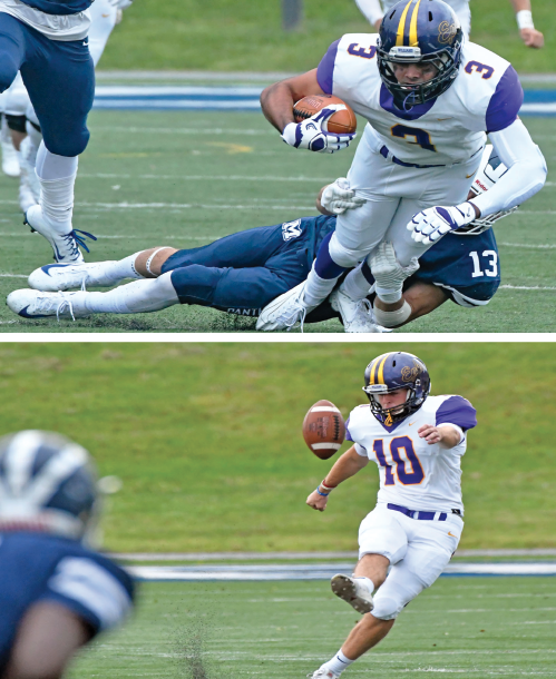 Frank Stola ’21 (top) secured two touchdowns for the Ephs during Saturday’s season opening loss against the Panthers.
Punter and kicker Andrew Schreibstein ’22 (bottom) pushed a 12-10 Eph lead to 13-10 with a successful extra point conversion. Photos courtesy of Sports Information.