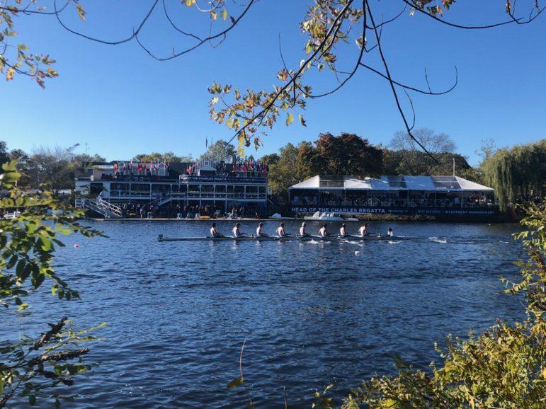 Men’s crew finished 12th out of 38 in the collegiate 8+ race with a time of 14:57.1, and 18th out of 39 in the club 8+ race with 15:38.6 before a one-minute penalty placed them in 30th. (Photo courtesy of Becky Heflin.)