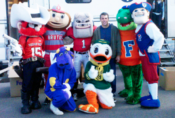 Jim Dunn ’10, dressed as the purple cow, appeared in a 2010 commercial celebrating Lee Corso of ESPN’s College Gameday. (Scott Clark/ESPN.)
