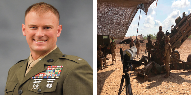 Lt. Col. Cook ’98 built a partnership with the Los Angeles Rams and USC Trojans to incorporate film into Marine training. (Photos Courtesy of the Hoover Institution and Sporttechie.com.)