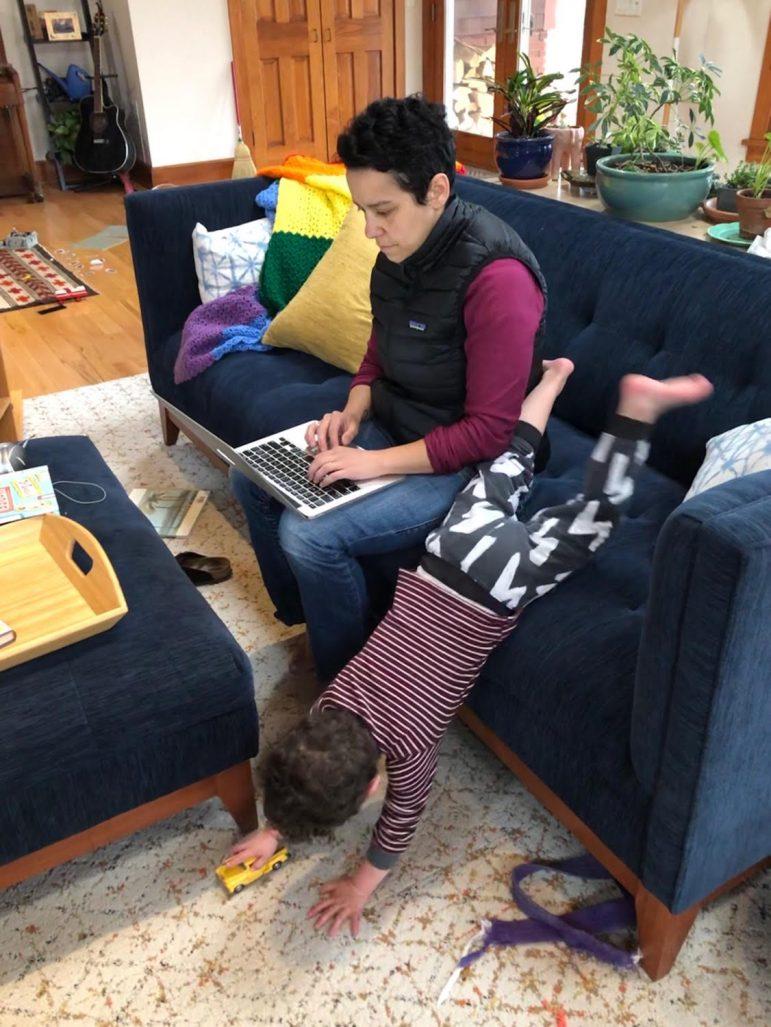 Professor of Geosciences Phoebe Cohen is taking care of her son Wilder while teaching remotely (Photo courtesy of Phoebe Cohen.)