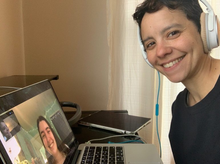 Associate Professor of Geosciences Phoebe Cohen talks to her thesis student, Kate Pippenger ’20, over Zoom. (Photo courtesy of Phoebe Cohen.)