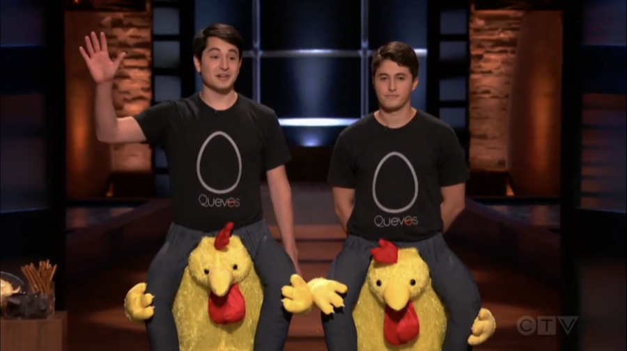 Zack Schreier ’21 (right) and Nick Hamburger (left) don chicken costumes for their pitch to the investors on Shark Tank. (Photo courtesy of ABC.)