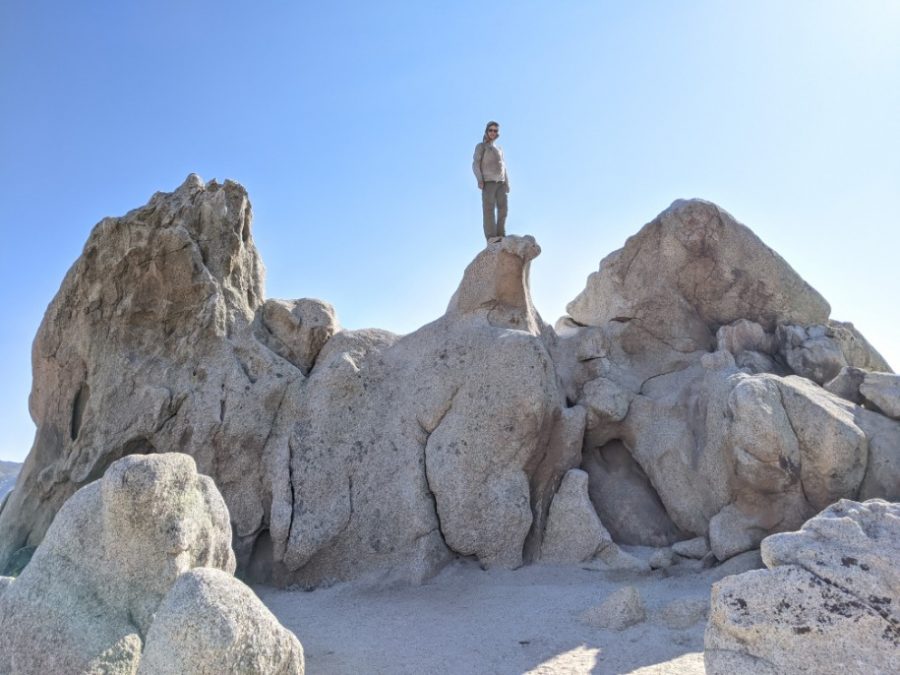 Jacob Lehmann Duke ’24 stands atop Eagle Rock, a naturally occurring granite formation 150 miles along the Pacific Crest Trail. (Photo courtesy of Jacob Lehmann Duke.)