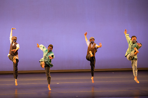 Student dancers (Beam Maskati, Keshini Cardozo, Sadie Fernandez, and Ashley Xu from left to right) perform Hidden Voices choreography. (Photo courtesy of Brad Wakoff.) 