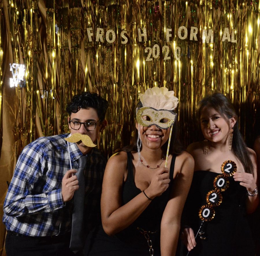 Kaiz Esmail ’23 (left), Cheyenne Willis ’23 (middle), and María Fernanda Estrada ’23 (right) posed for a photo at their Frosh Formal in 2020. (Photo courtesy of Kaiz Esmail.)