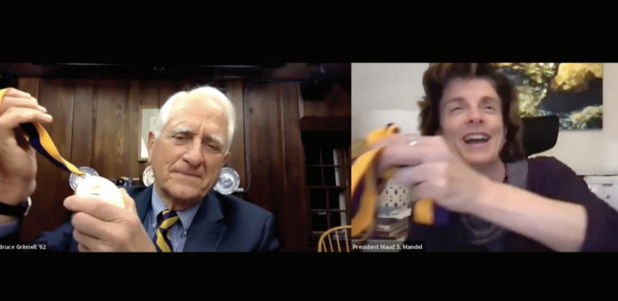 Mandel virtually “handed” Bruce Grinell ’62, advocate for the abolition of fraternities on campus, the Bicentennial Medal on a Nov. 22 Zoom call. (Sofie Jones and Ella Marx/The Williams Record)