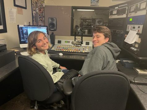 Sophie Bellwoar ’25 and Will Olsen ’25  co-host their interview-style show, “Six By Six,” in the WCFM studio in Prospect House.