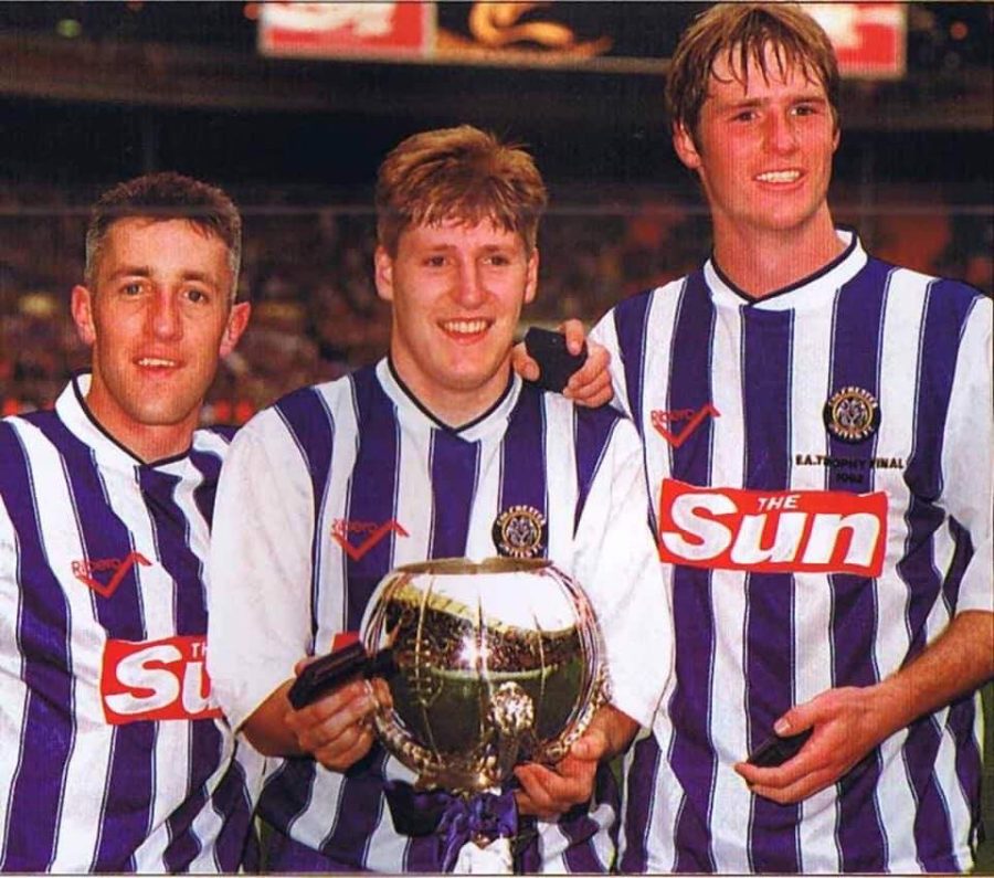 Masters (right) with fellow goalscorers at Wembley after their win. (Photo courtesy of Mike Masters.)
