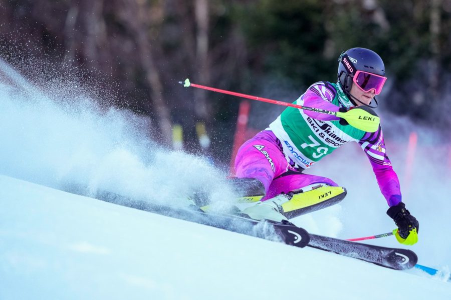 Nevin Vilandrie ’25 competes in the Dartmouth Carnival slalom race. 