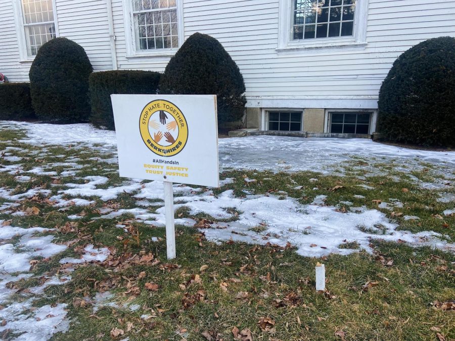 Part of a wooden stake that once held a Black Lives Matter sign still stands outside the First Congregational Church. (Photo courtesy of Ella Marx).