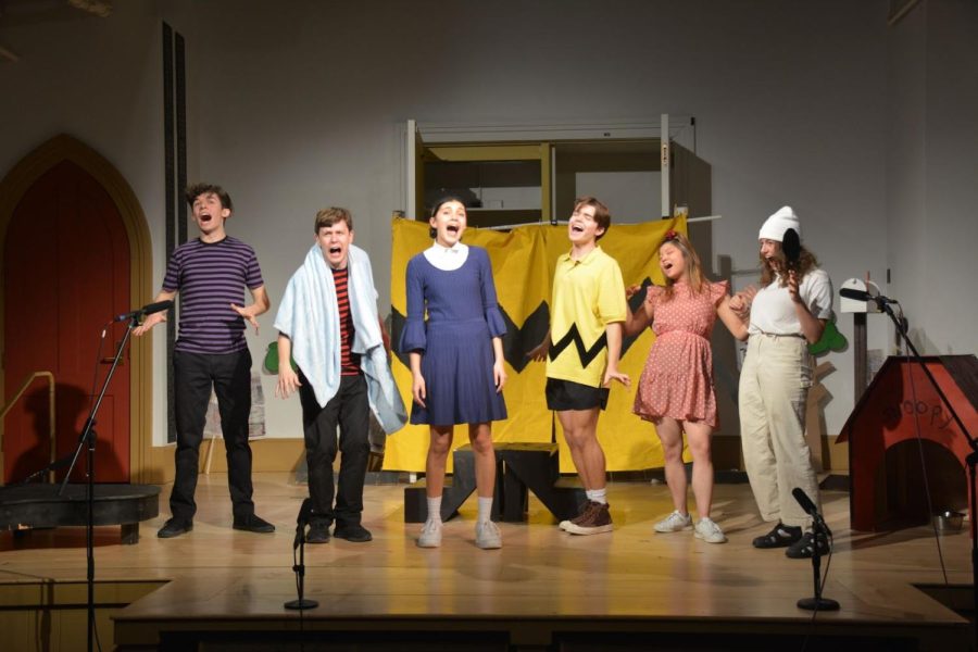 The cast of You’re a Good Man Charlie Brown, performs together in Goodrich.  (Photo courtesy of Tim Gore.) 
