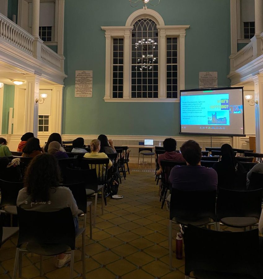 Students gathered in Griffin 3 to listen to Uyghur activist Babur Ilchi speak about the Uyghur genocide in East Turkestan. (Shizah Kashif/The Williams Record)