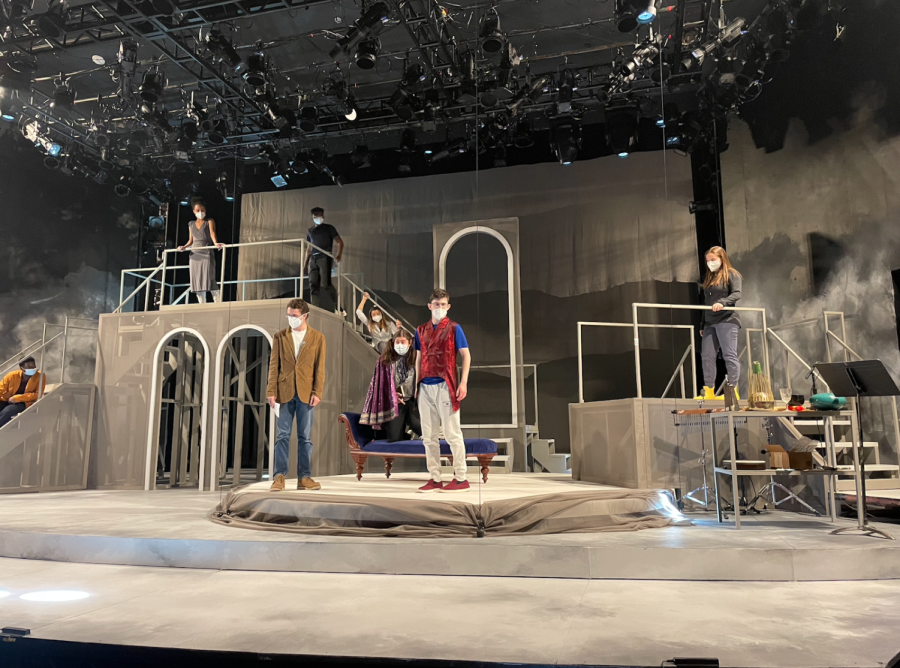 The cast of the theatre department’s Sometimes the Rain, Sometimes the Sea rehearses for their upcoming show. (Photo courtesy of Nicolle Mac Williams ’22.)