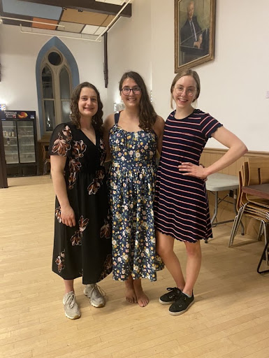 Williams Ballroom co-presidents Sophia Trone ’24 (left) and Isabel Bushway ’23 (center) teach students with board member Emma Neil ’23 (right) how to dance at Ballroom meetings. Photo courtesy of Lillie Bushway.