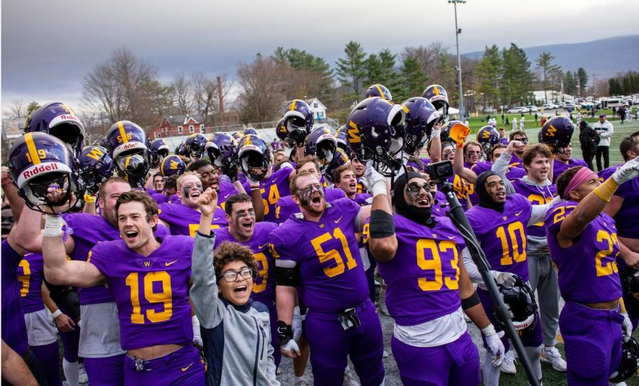 Football “took the Walk” after their Homecoming win against Amherst, ending 3–6 and on a high note. Co-Captain Ian Devine ’23 called his final Walk “surreal. (Photo courtesy of Sports Information.)