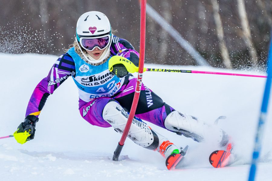 Maddy Sullivan ’23 skis into a career-best 18th overall finish at the slalom (Photo courtesy of Sports Information).