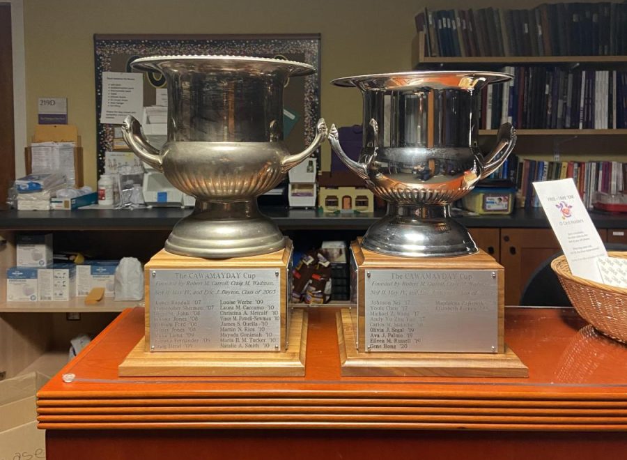 The Cawamayday Cups, which have the engraved names of previous winners, are stored in the OCL. (Emily Zas/The Williams Record)