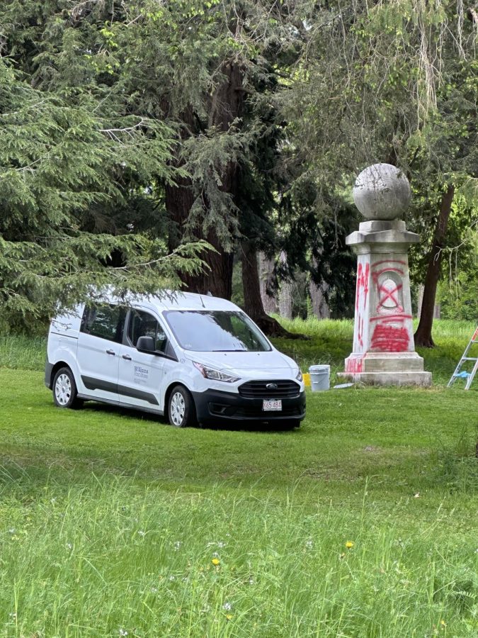 Both graffitis contained Christian allusions and were spray-painted in red. (Photo courtesy of Kim Rogers.)