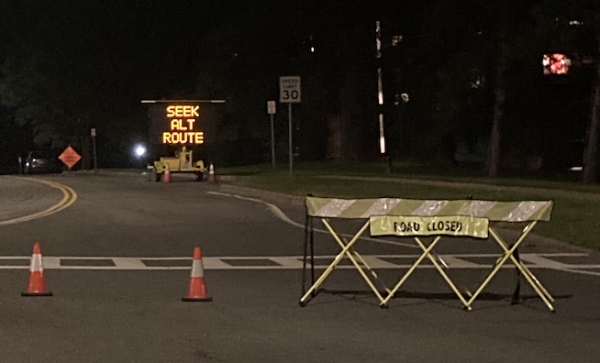 The portion of Route 7 north of the Field Park traffic circle was still blocked as of Wednesday night. (Max Billick/The Williams Record)