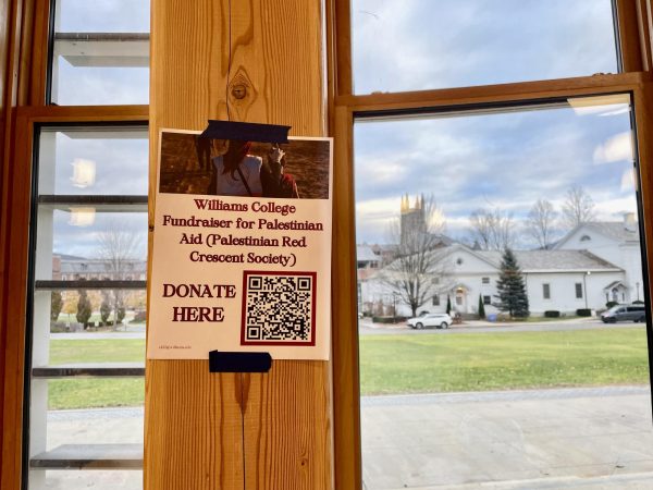 Cooper Desmond ’24 hung approximately 20 flyers advertising the Williams College Fundraiser for Palestinian Aid, which has raised over $3,000. (Photo courtesy of Cooper Desmond)