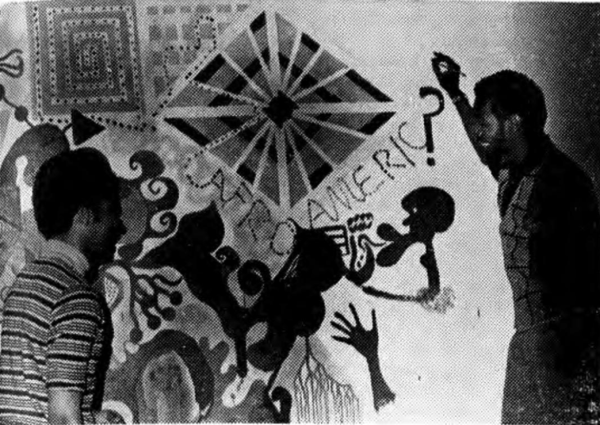 Students observe a wall painting in the College’s Afro-American Center in 1969, a record year for Black student enrollment at the College. (Photo courtesy of The Williams Record archives.)