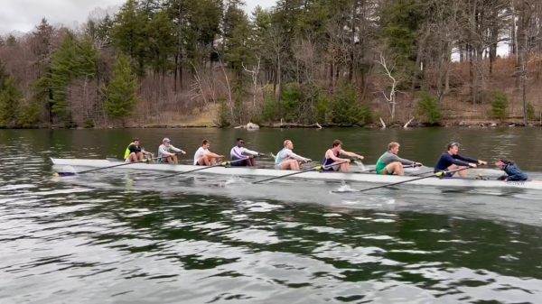 Despite grueling conditions, men’s crew fought hard, encountering mixed results in Saratoga Springs. (Photo courtesy of Sports Information.)