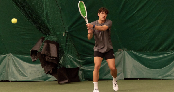 Men’s tennis ended the weekend on a triumphant note after neatly defeating Connecticut College 9-0. (Photo courtesy of Sports Information.)