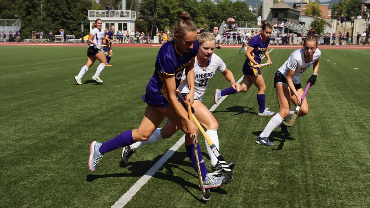 Natalia Nolan '26 fights for the ball in the match against archrival Amherst last Saturday. (Photo courtesy of Sports Information.)