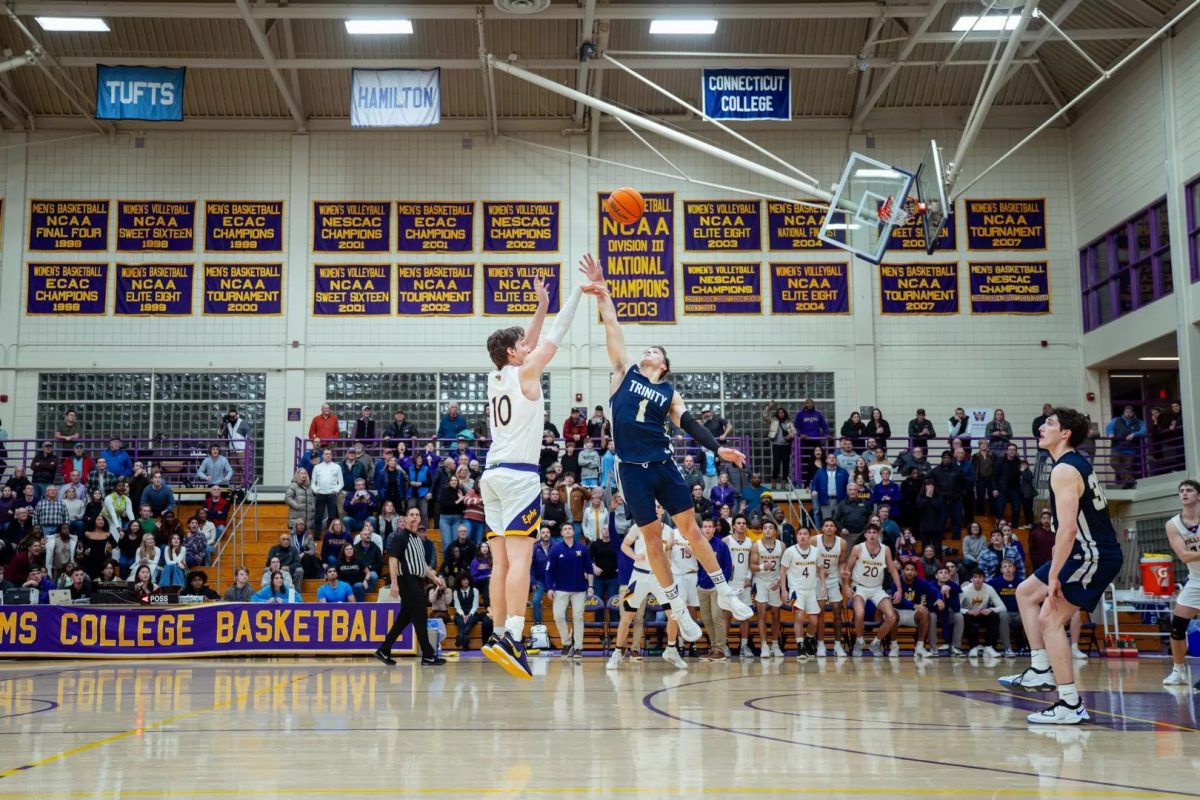 Karren, then co-captain of men’s basketball, hit the buzzer-beater shot against Trinity last year.(Photo courtesy of Sports Information.)
