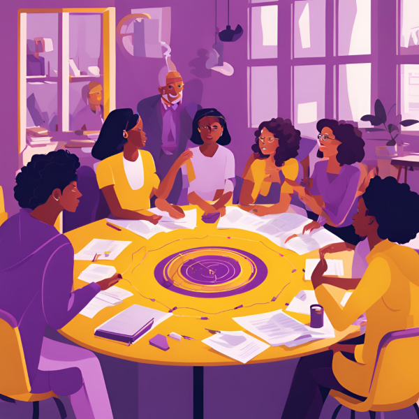 The Record generated an AI image using the prompt "professors at liberal arts college whose school colors are purple and yellow debating the ethics of AI." (Image courtesy of Canva's Magic Media.)