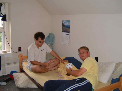 A cribbage match between Johnathan Landsman ’05 (left) Zachary McArthur ’05 (right) memorialized on Willipedia. Photo courtesy of Alaya Kuntz ’04. 