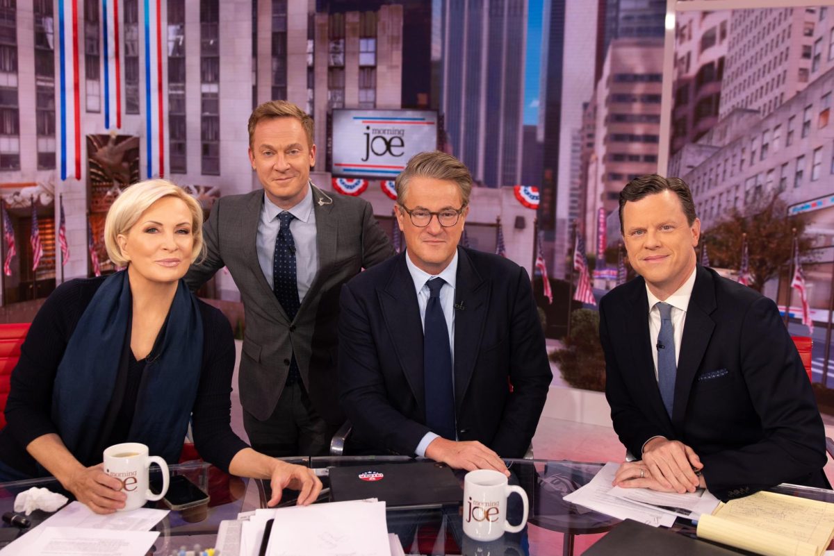 Photo courtesy of Joya Manasseh.
Mika Brzezinski on the set of Morning Joe with Joe Scarborough, Willie Geist, and Jonathan Lemire. 