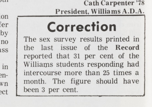 Photo courtesy of The Williams Record. A correction issued in the February 15th, 1977 issue of the Record. 