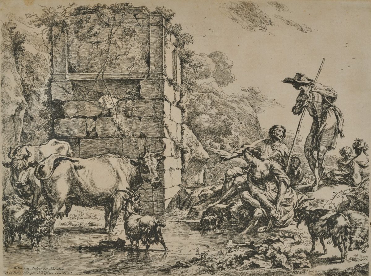 Berchem’s etching, The Cows at the Watering Place (The Cow Drinking). (Photo courtesy of the Clark.)