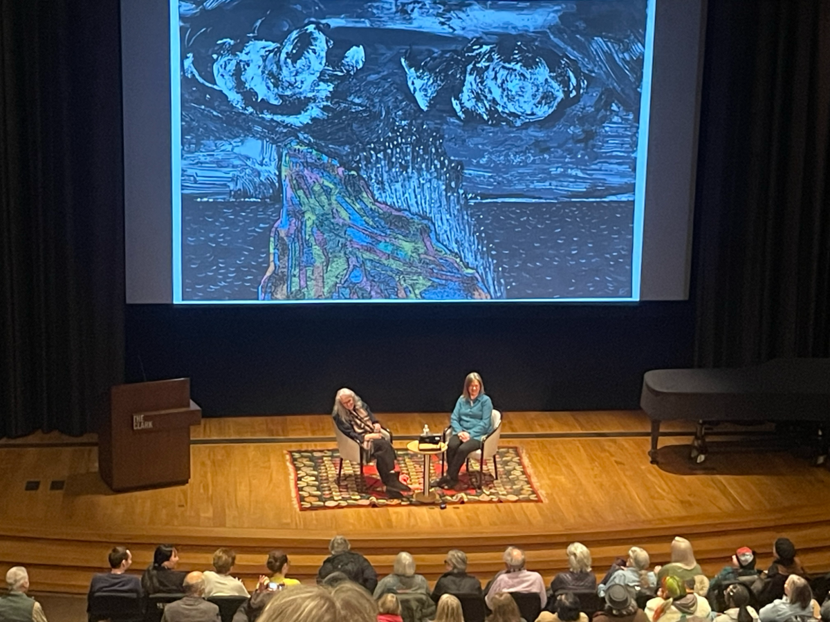 Kiki Smith (left) and Kathleen Morris (right) discuss Smith’s practice. (Photo courtesy of Felix Barman.)