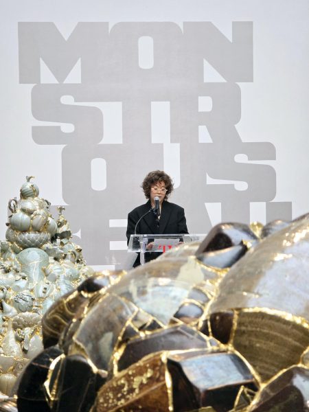 Moon speaking at the press opening for “Monstrous Beauty” in March. (Photo courtesy of Jaeho Jung.)