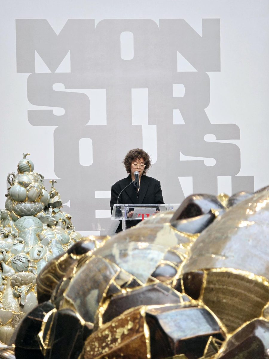 Moon speaking at the press opening for “Monstrous Beauty” in March. (Photo courtesy of Jaeho Jung.)