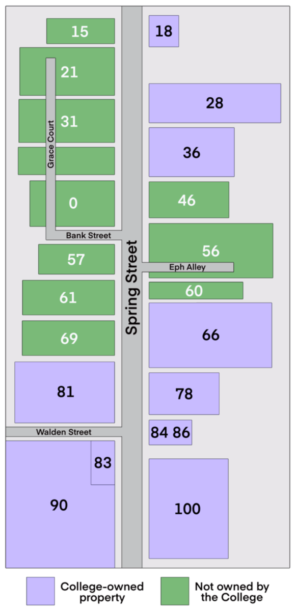 A map of College-owned lots on Spring Street, per the Massachussets Bureau of Geographic Information. (Kai Stevens/The Williams Record.)
