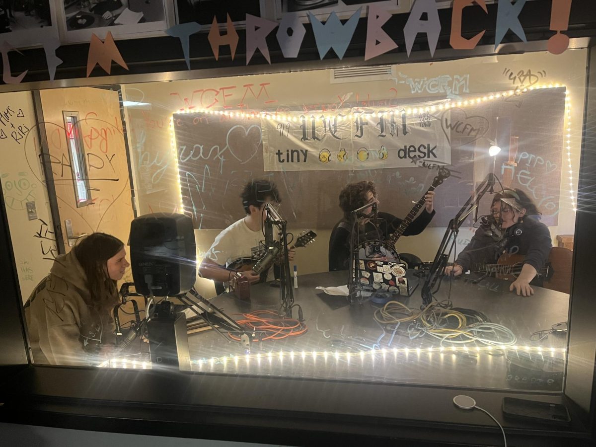 Student band Three Tiny Men performs original music in WCFM’s talk studio. (Photo courtesy of Frances Brooks/ The Williams Record.)