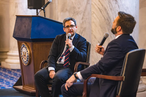 Cass interviewed J.D. Vance at American Compass’ “Rebuilding American Capitalism” forum in June 2023. (Photo courtesy of Oren Cass.)