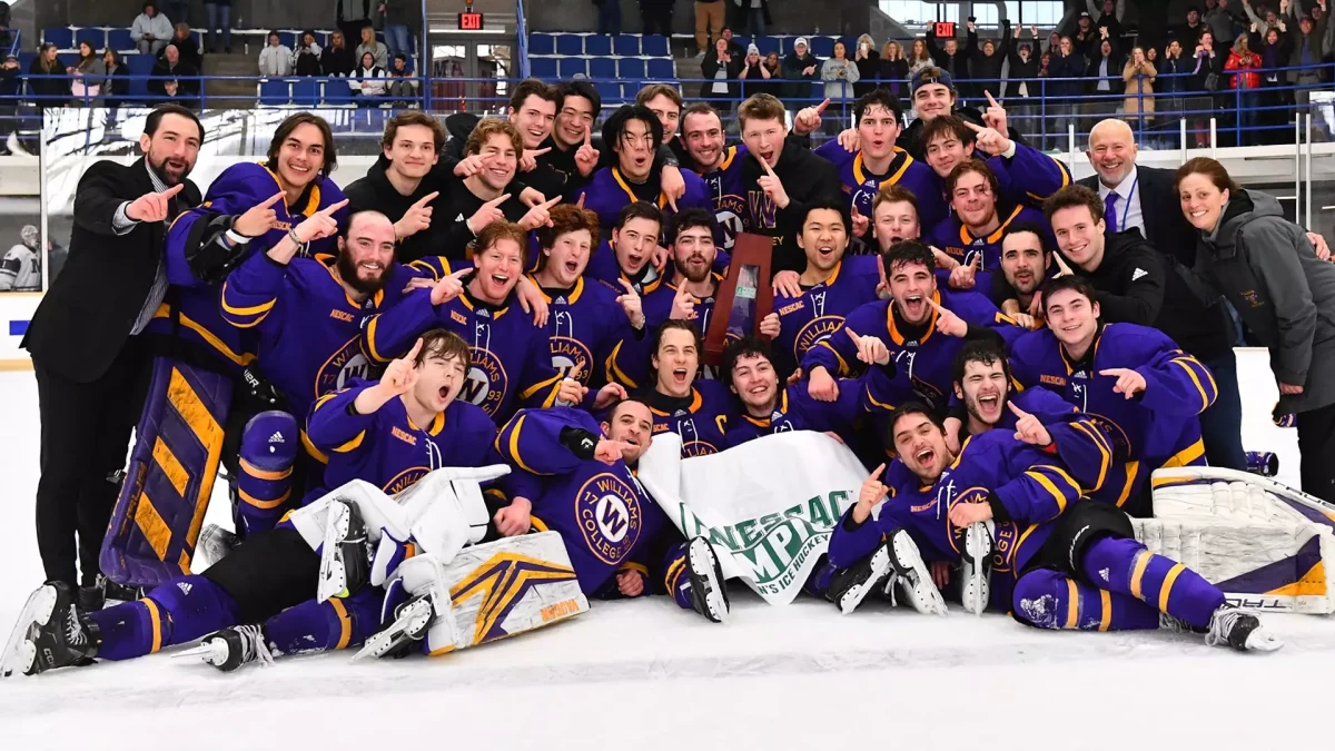 Men’s hockey captured the NESCAC title after beating Middlebury 4-2 in the finals. (Photo courtesy of Josh McKee.)