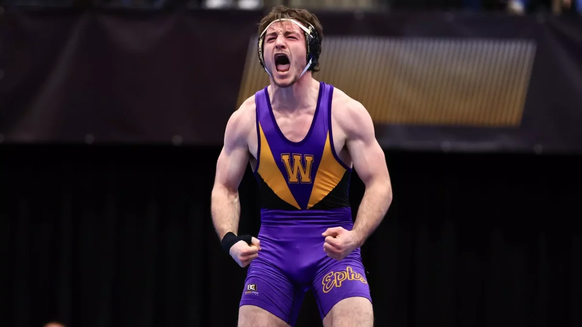 Peter Kane ’26 became wrestling’s first national champion. (Photo courtesy of Jimmy Naprstek.)