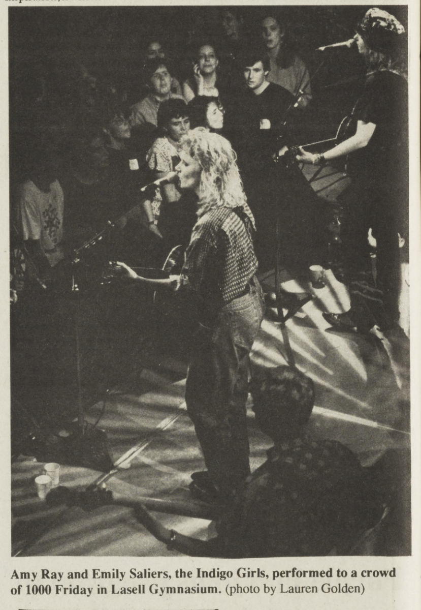Photo courtesy of The Williams Record.
The Indigo Girls during their performance at Lasell Gymnasium in 1991.